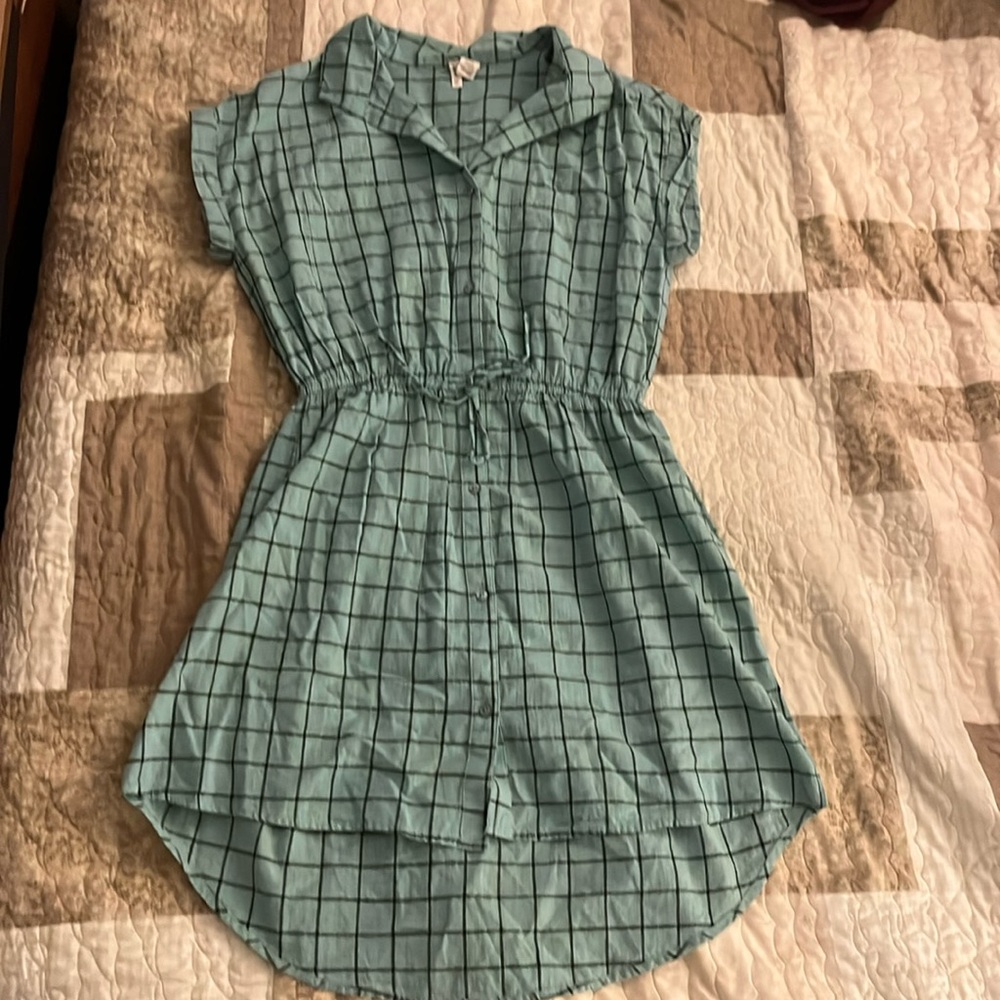 Plaid teal and navy dress. Long in the back. Medium